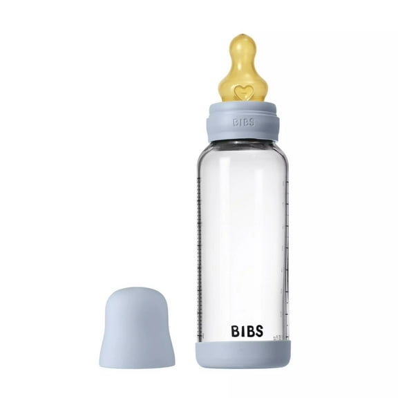 BIBS Glass Baby Bottle with Medium Flow Latex Nipple, 8 oz, Baby Blue, 1 Each