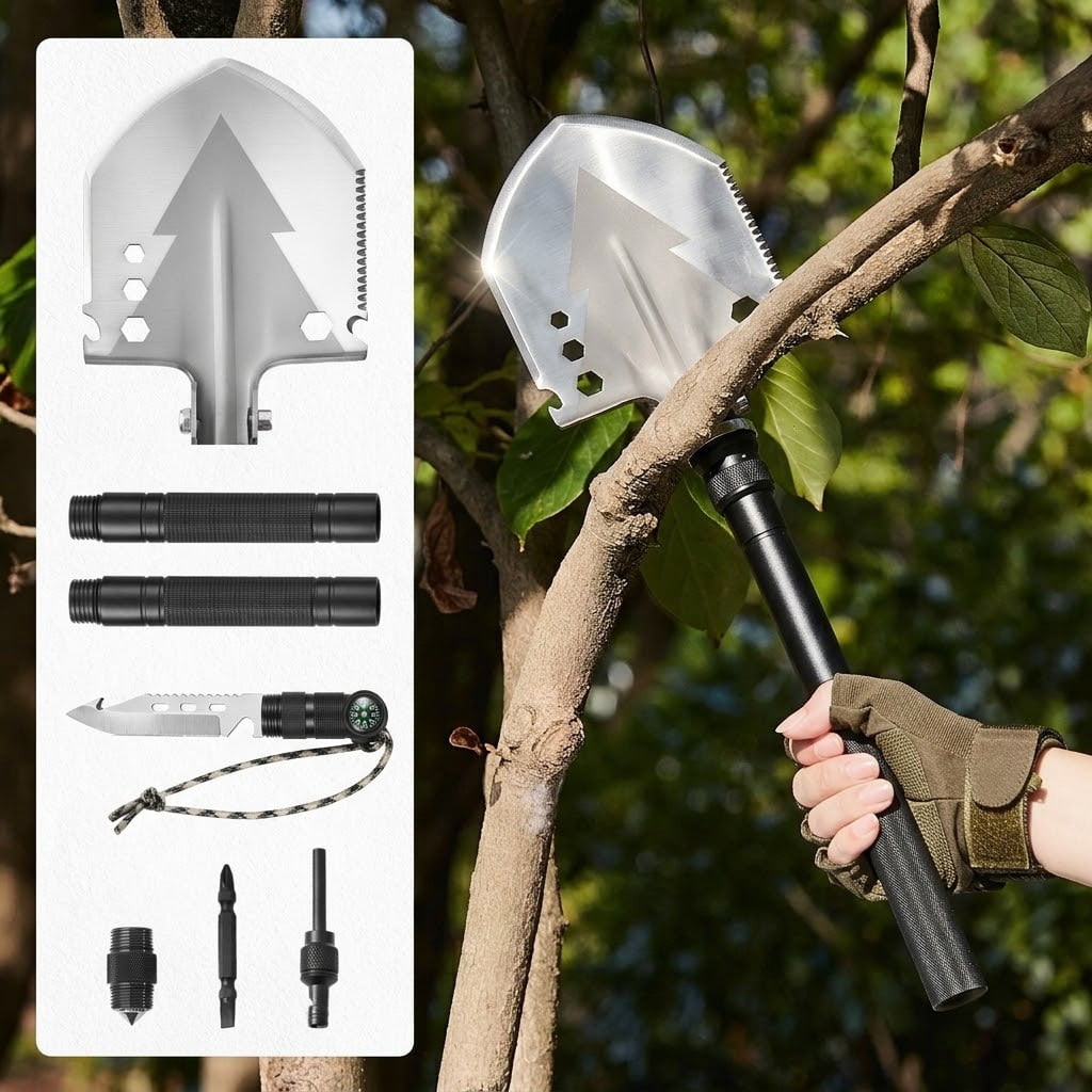 11-in-1 Survival Shovel, Folding Camping Multitool, Military Grade Portable Tactical Shovel for Off-Roading & Hiking