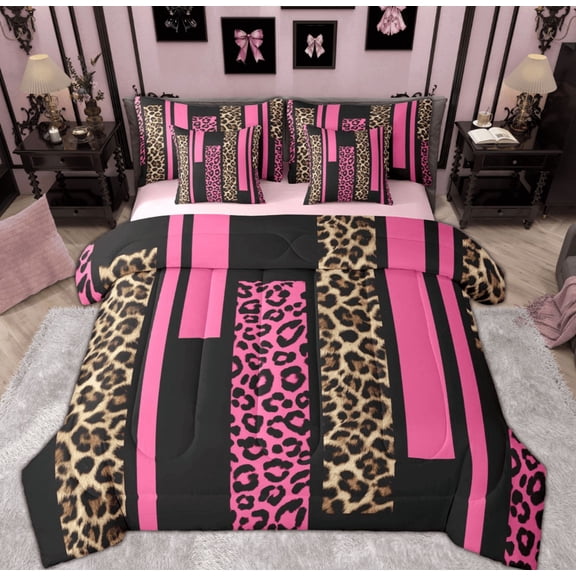 Feelyou Fashion Pink Abstract Twin Bedding Sets 7-Piece, Cheetah Leopard Print Bedding Comforter Set, Chic Polkadots Reversible Sheet Sets, Lightweight Room Decor