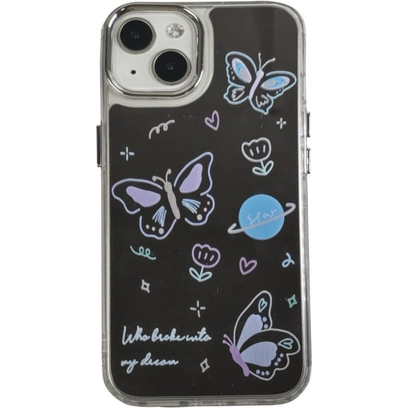 Butterfly Phone Case for iPhone 12 Pro Max, Cute Korea Aesthetics Purple Flower Graffiti Mirror Butterfly Phone Cover for Women Girls