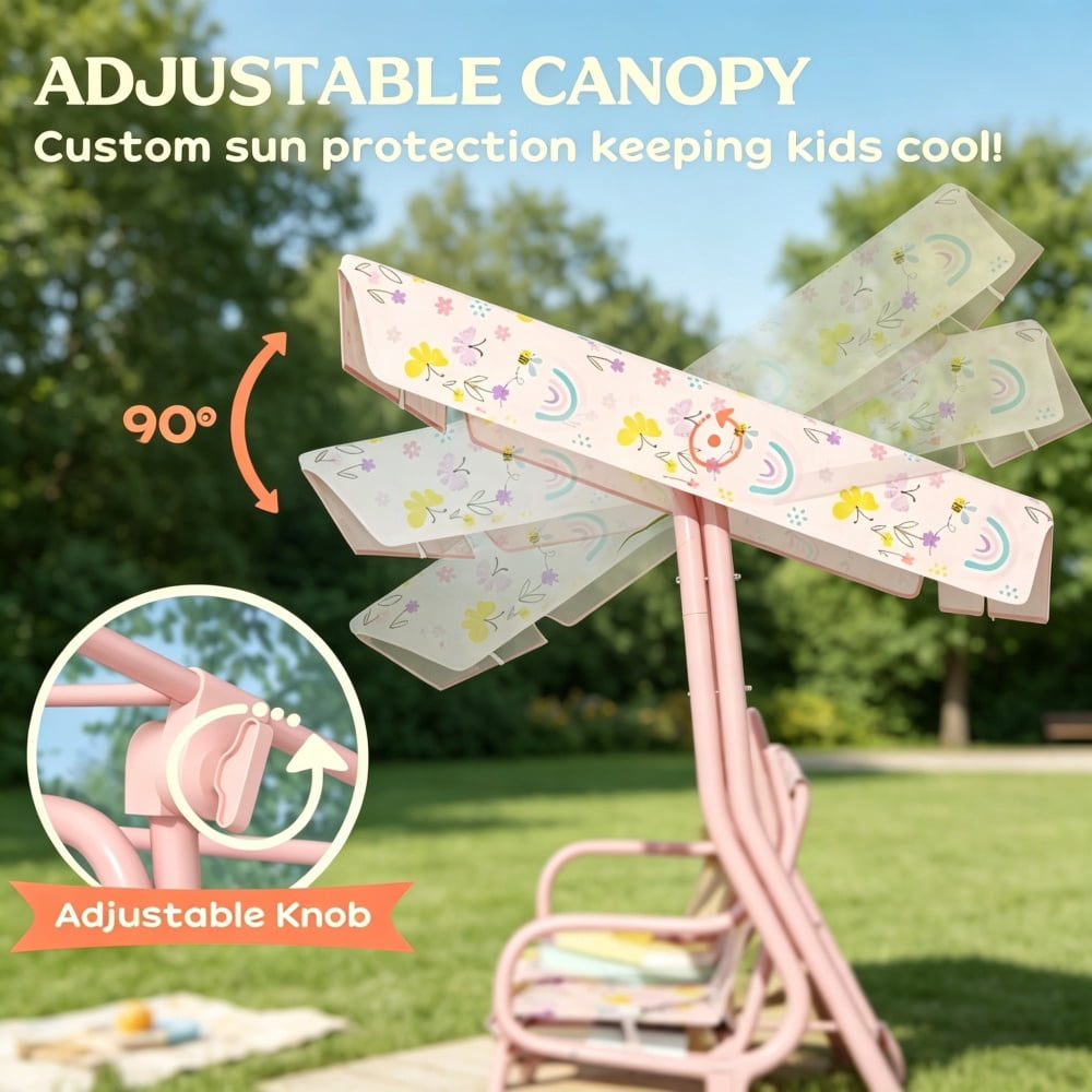 Pink Kids Swing Chair with Adjustable Canopy - Heavy-Duty Steel Frame, 132lbs Capacity for 3-6 Years Old