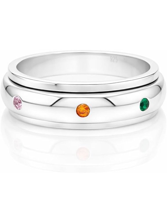 Earth Gems Jewelry Spinner Ring with Multi-Color Gemstones 925 Sterling Silver Unisex Anxiety Band