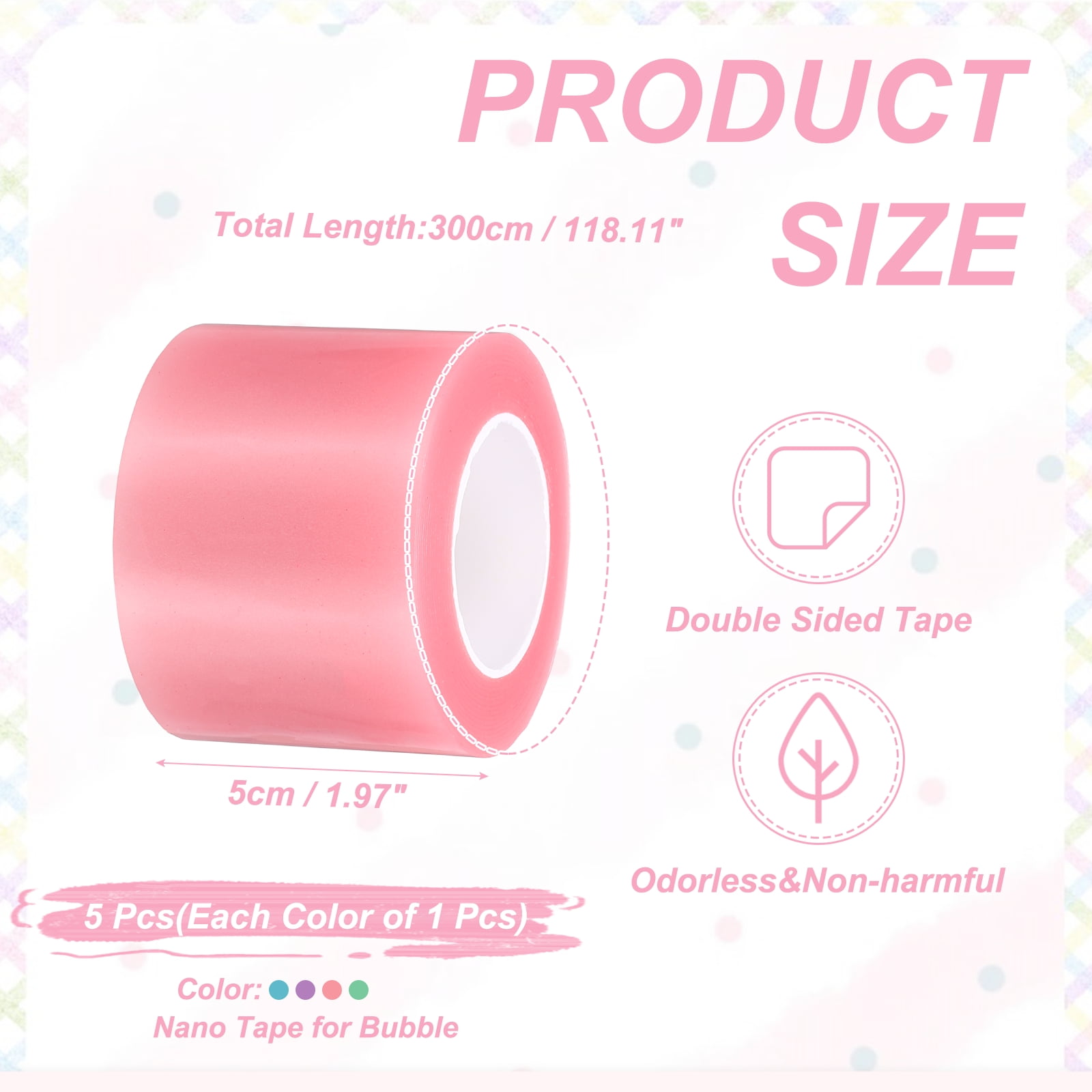 Uxcell Nano Tape 2 x 118 Inch, 5 Pcs Double Sided Nano Bubble Tape, Adhesive DIY Arts Crafts Ball Maker, Pink/Blue/Purple/Green/Transparent