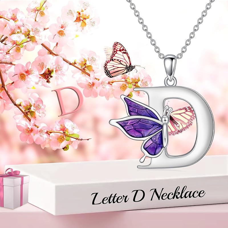 AOBOCO Initial Necklace for Women 925 Sterling Silver Purple Butterfly with A-Z 26 Letters Pendant Necklace for Graduation Gifts