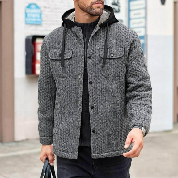 BRGZLK Men Coats Winter Solid Color Jacquard Plush Fleece Lined Thickened Keep Warm Pocket Snap Button Long Sleeve Drawstring Hooded Coat Jacket Gray M