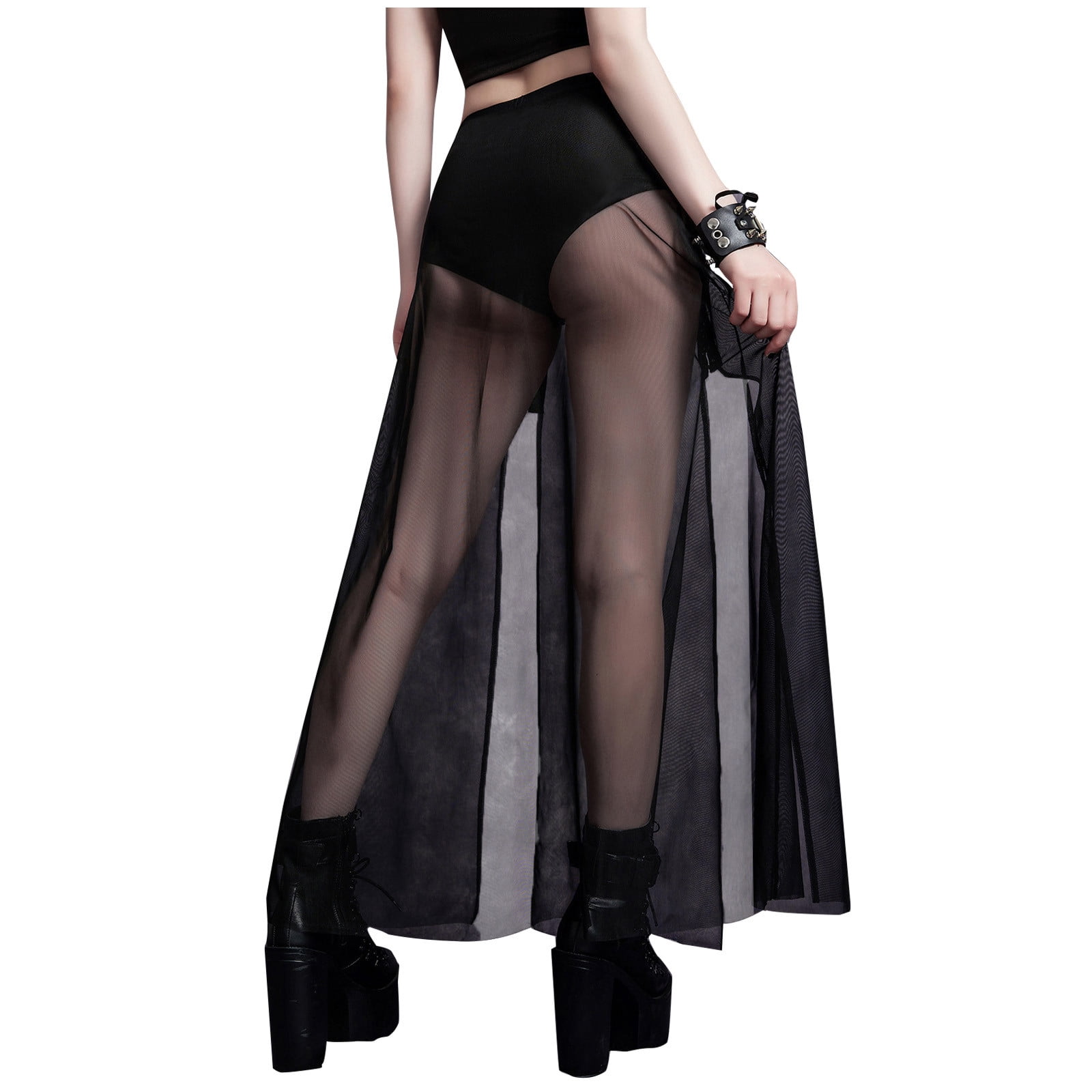 ●High School Disco● Fog Long Mesh Skirt_Black Goth Double Slit Maxi Skirt for Women Punk Black See Through