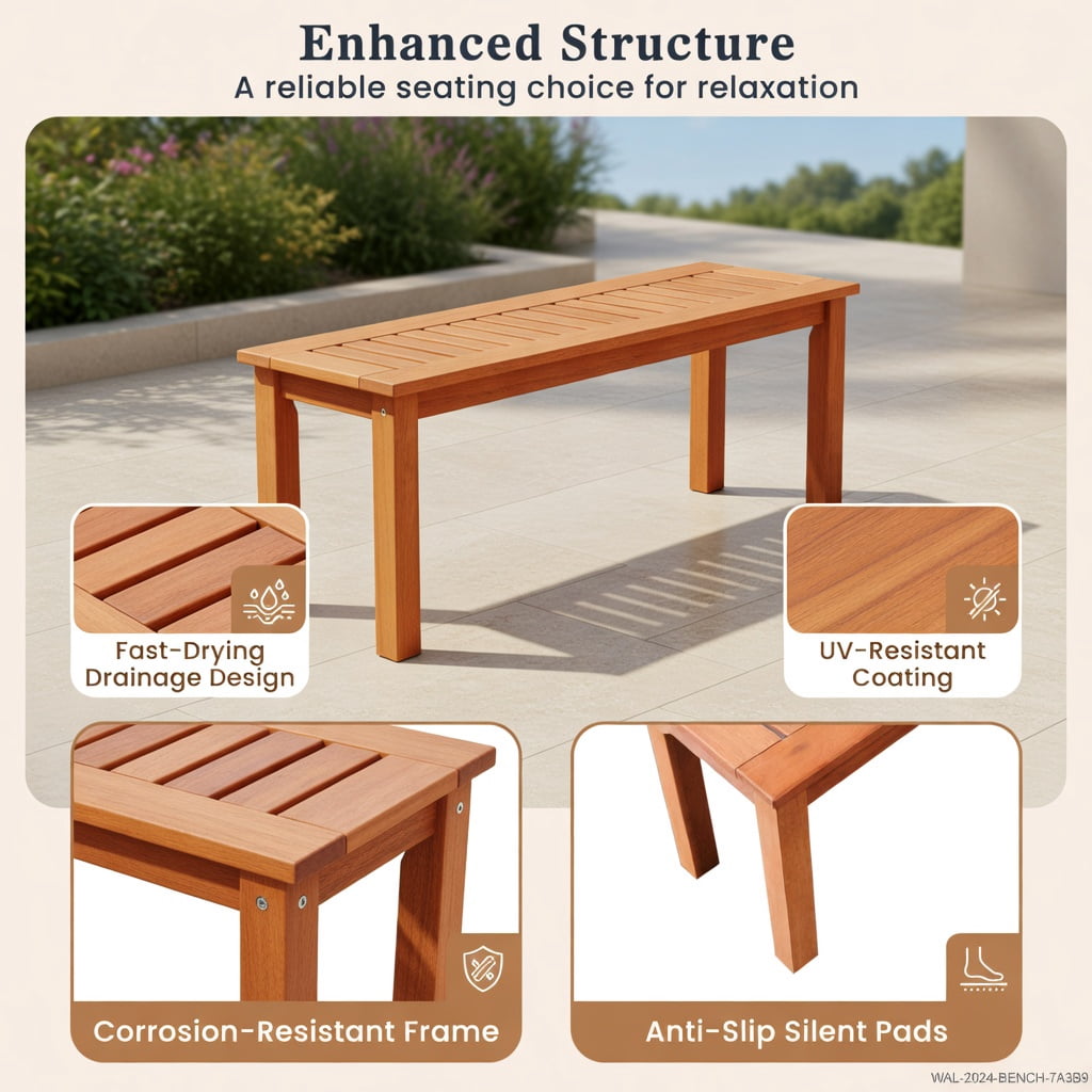 Hommoo 47" Teak Wood Patio Bench for 2 People, Solid Wood Outdoor Garden Bench with Slatted Seat, Weather-Resistant Finish, Easy Assembly, Natural