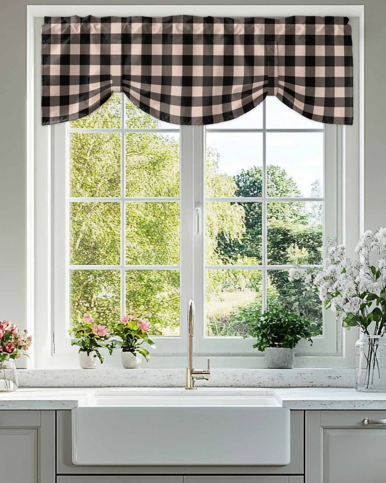 Black Brown Retro Plaid Tie Up Valances Curtain, Pastoral Plaid Vintage Style Kitchen Valances for Windows Decor, Rod Pocket Short Curtains Set for Bedroom/Bathroom, 54"x18"
