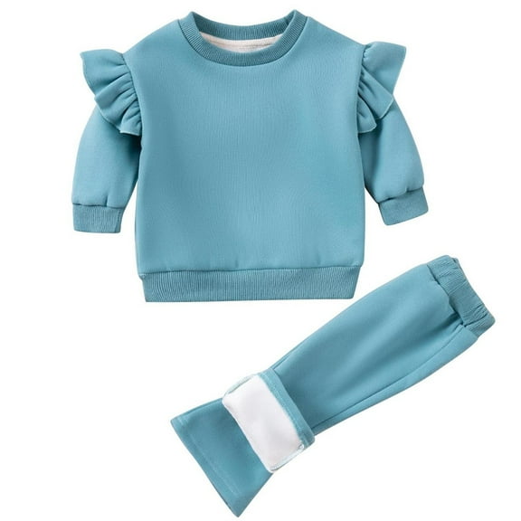 Toddler Baby Girls Fleece Lined Tracksuits 2 Piece Outfits Ruffle Sleeve Winter Warm Sweatshirts and Pants Sets