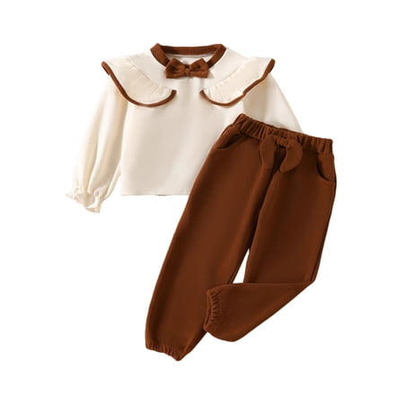 Zanarzt Toddler Girl Clothes Little Girls Fashion Set Long Sleeved Top Pants Casual Two Piece Cute Set Brown 4-5 Years