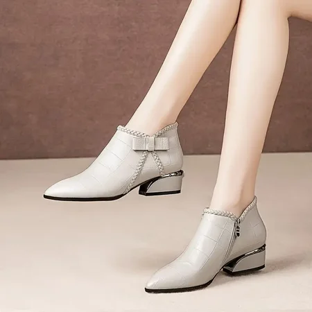 

Pointed Toe Side Zip Chunky Heeled Ankle Boots For Women Faux Leather Nude Shoes