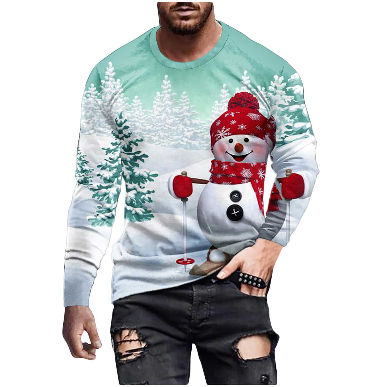  Christmas Graphic Shirts For Men Long Sleeve Round Neck  Sweatshirts Cute 3D Xmas Snowman Print Pullover Sweater Blue : Clothing,  Shoes & Jewelry
