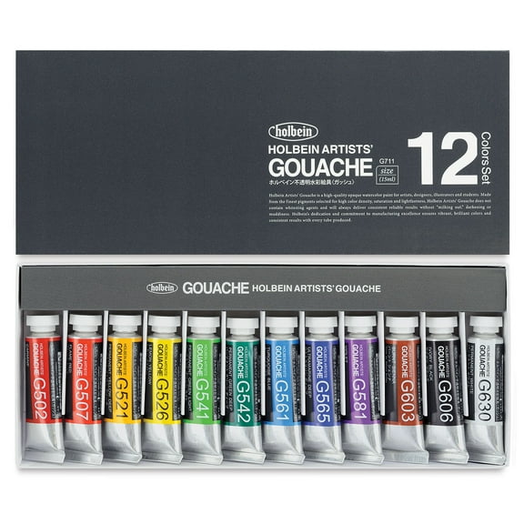 Holbein Artists' Gouache - Set of 12, Assorted Colors, 15 ml Tubes