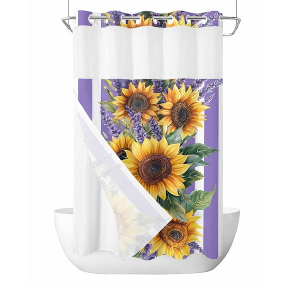 No Hook Cloth Fabric Shower Curtain with Snap in Liner, Sunflower Waterproof Shower Curtains Set with See Through Top Window, Yellow Summer Floral Purple Striped Farmhouse Bath Curtains 36"x72"
