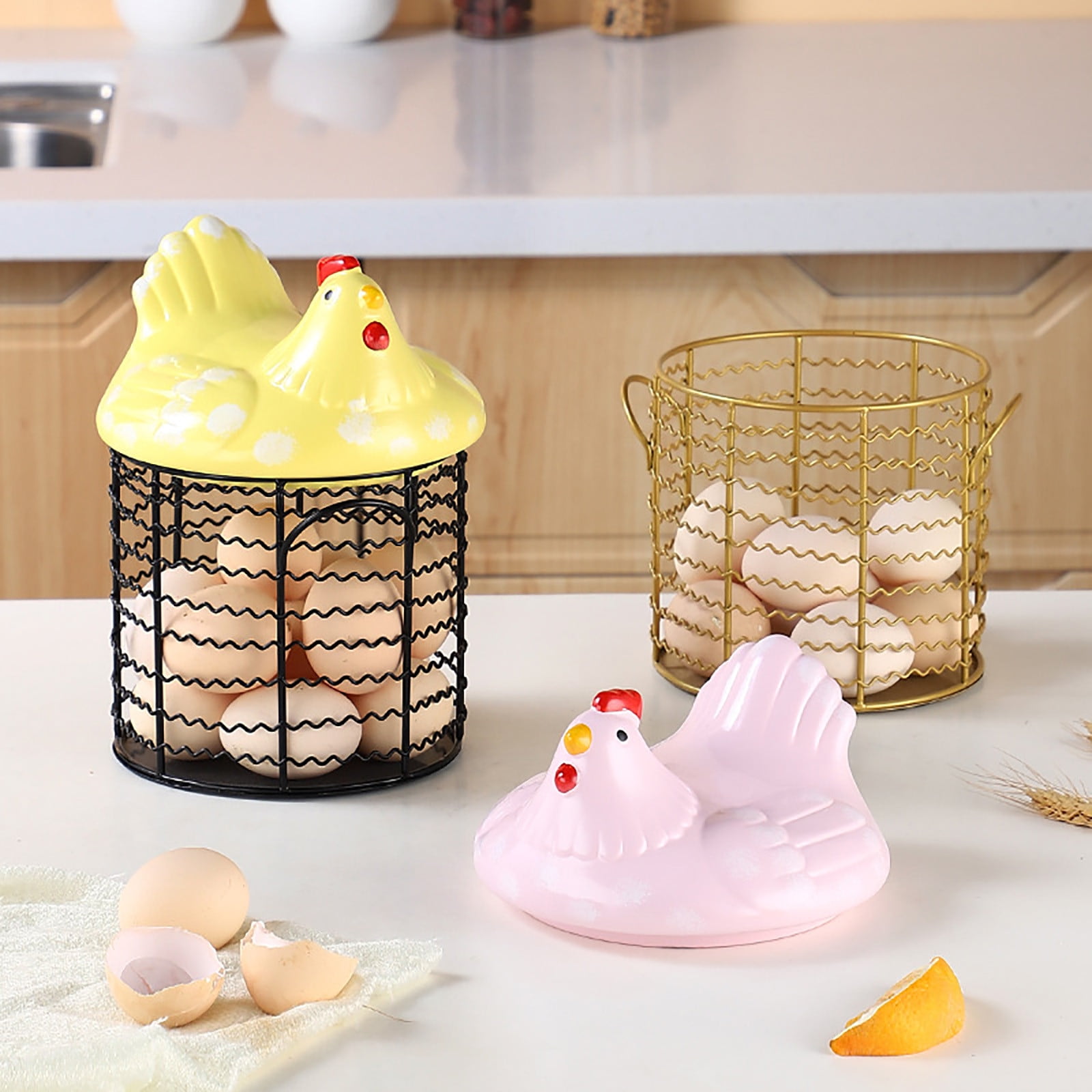 Wozhilaka Storage Box Colorful Design Eggs Basket Ceramic Chicken Shaped Lid Round Wire Basket Bottom Handle Metal Wire Eggs Storage Basket with Ceramic Farm Chicken Cover Farmer Style