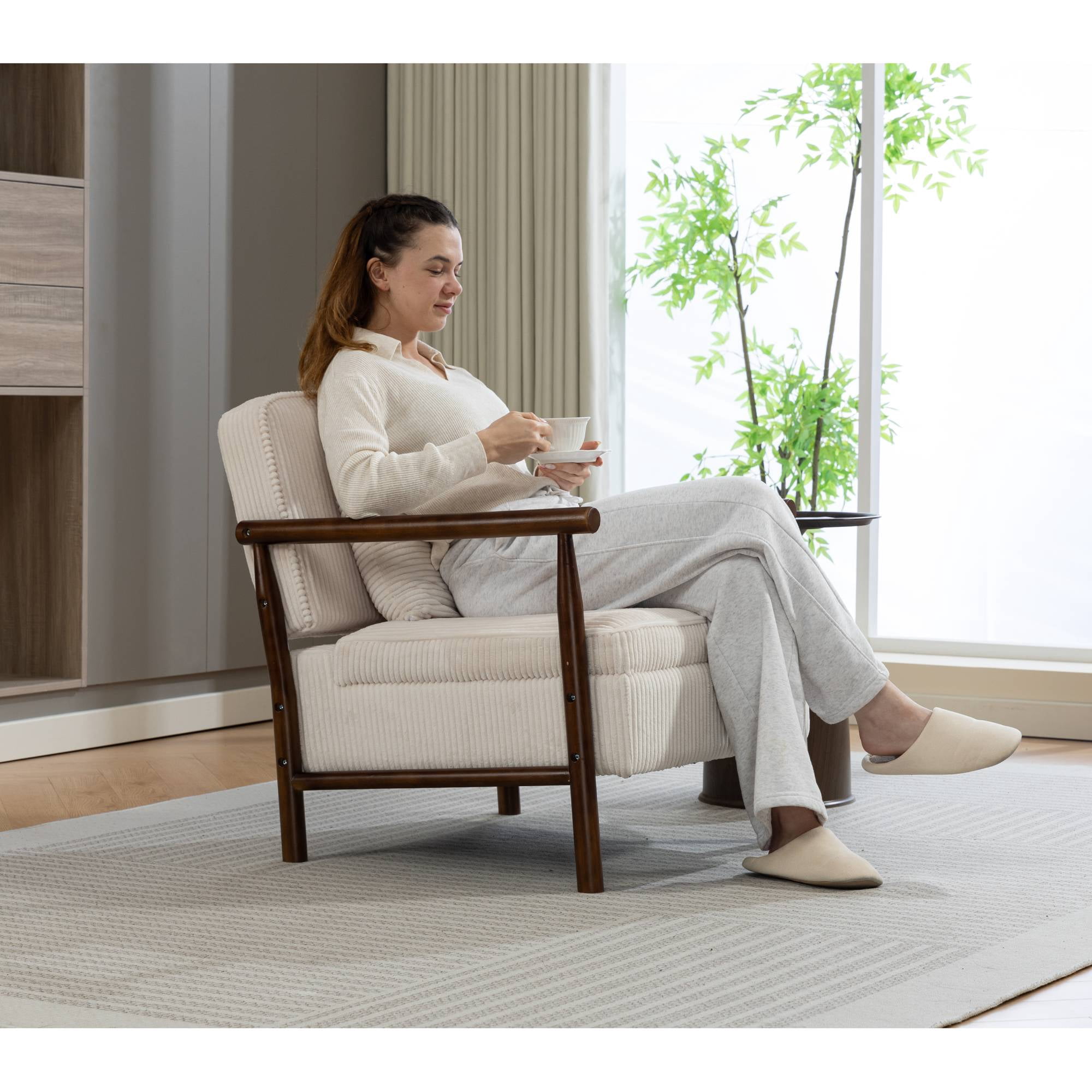 Mid-Century Accent Chair with Wood Frame, Modern Comfy Reading Armchair with Lumbar Pillow for Living Room, White