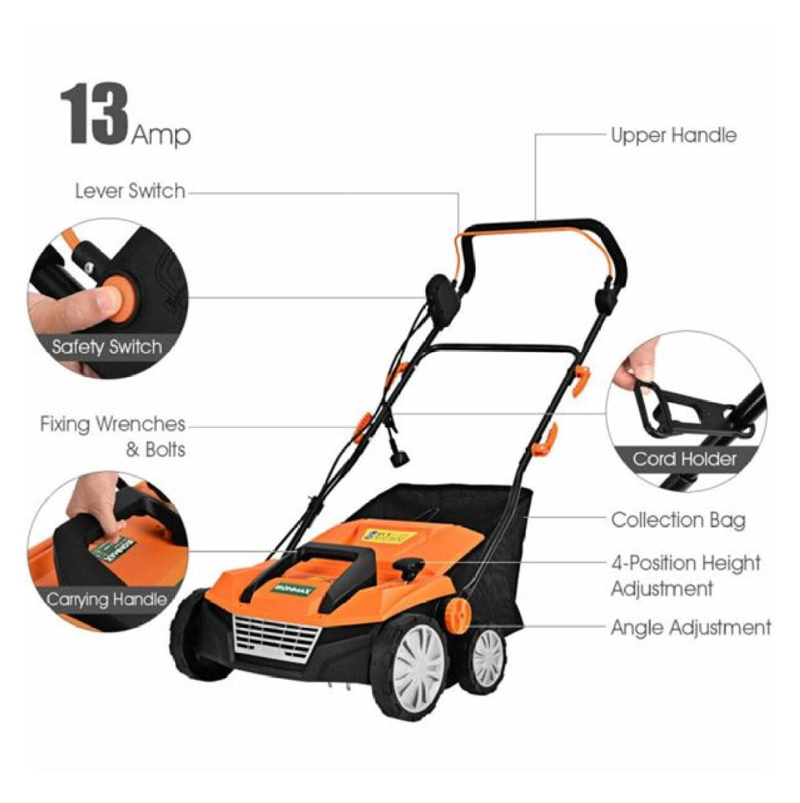 15" Electric Lawn Dethatcher w/ 50L Collection Bag Orange