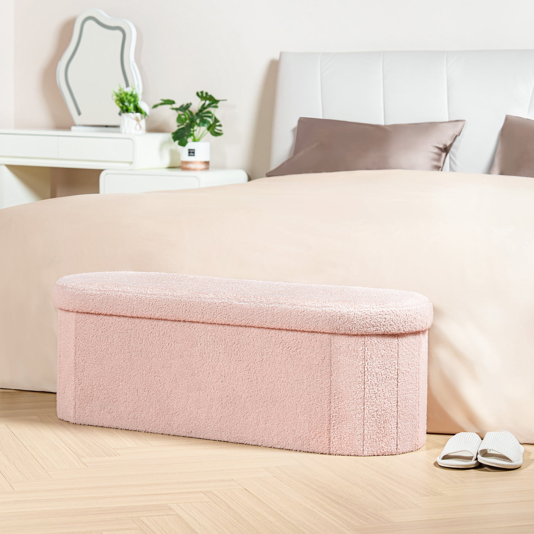 PINPLUS Storage Ottoman Bench Tufted Oval Ottoman Bench Foot Rest Velvet Bench with Storage 43" Pink