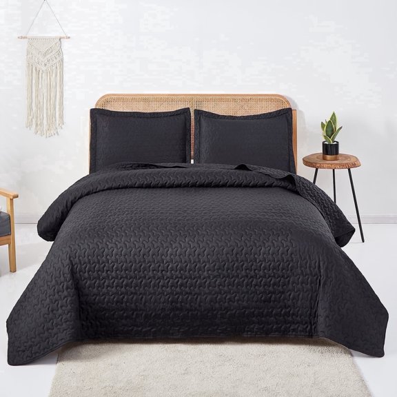 Jessy Home Solid Black Quilted Quilt Set Queen/Full Floral Microfiber Bedspread Coverlet