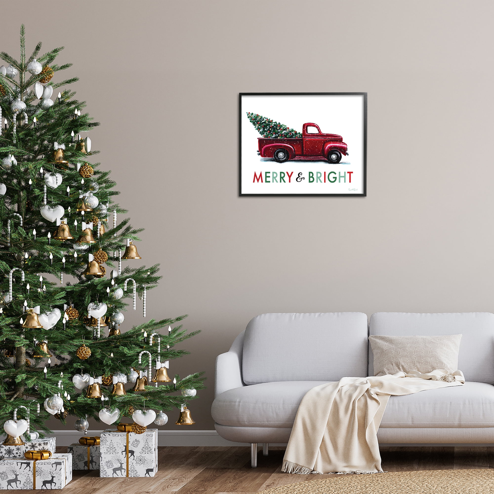 Stupell Industries Merry Bright Christmas Truck Holiday Painting Black Framed Art Prints Wall Art, 30 x 24