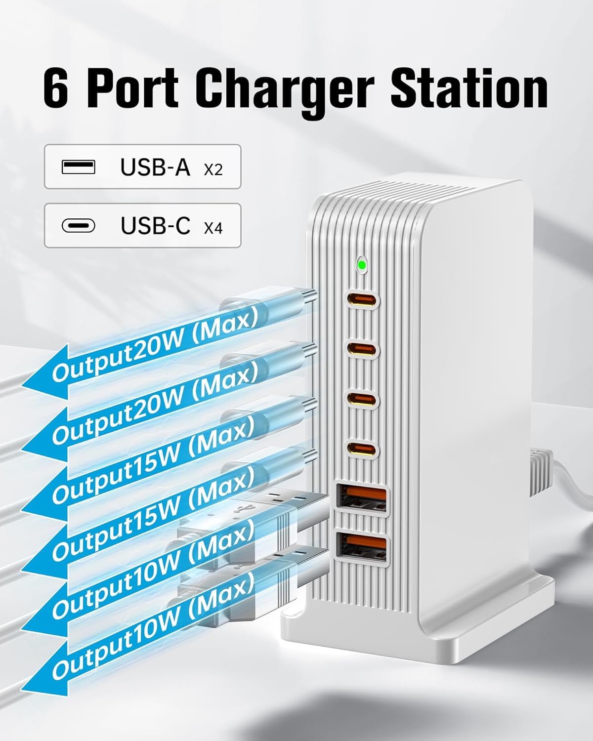 VHBW USB C Charger 6 Port Block,55W USB Tower Charging Station for iPhone 15/14/13/12, iPad, Google Pixel and Multiple Devices