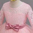 thumbnail image 4 of Girls Maxi Gown Lace Long Sleeve Cinched Bow Belted A-Line Dress Tween Elegant Fluffy Mesh Tiered Layered Evening Dresses Pink 13-14 Years, 4 of 7