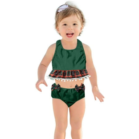 

Toddler Girl Swimsuit Summer Baby Girls Bowknot Plaid Printed Tassels Two Piece Swimwear Swimsuit Bikini Outfits 18-24 Months