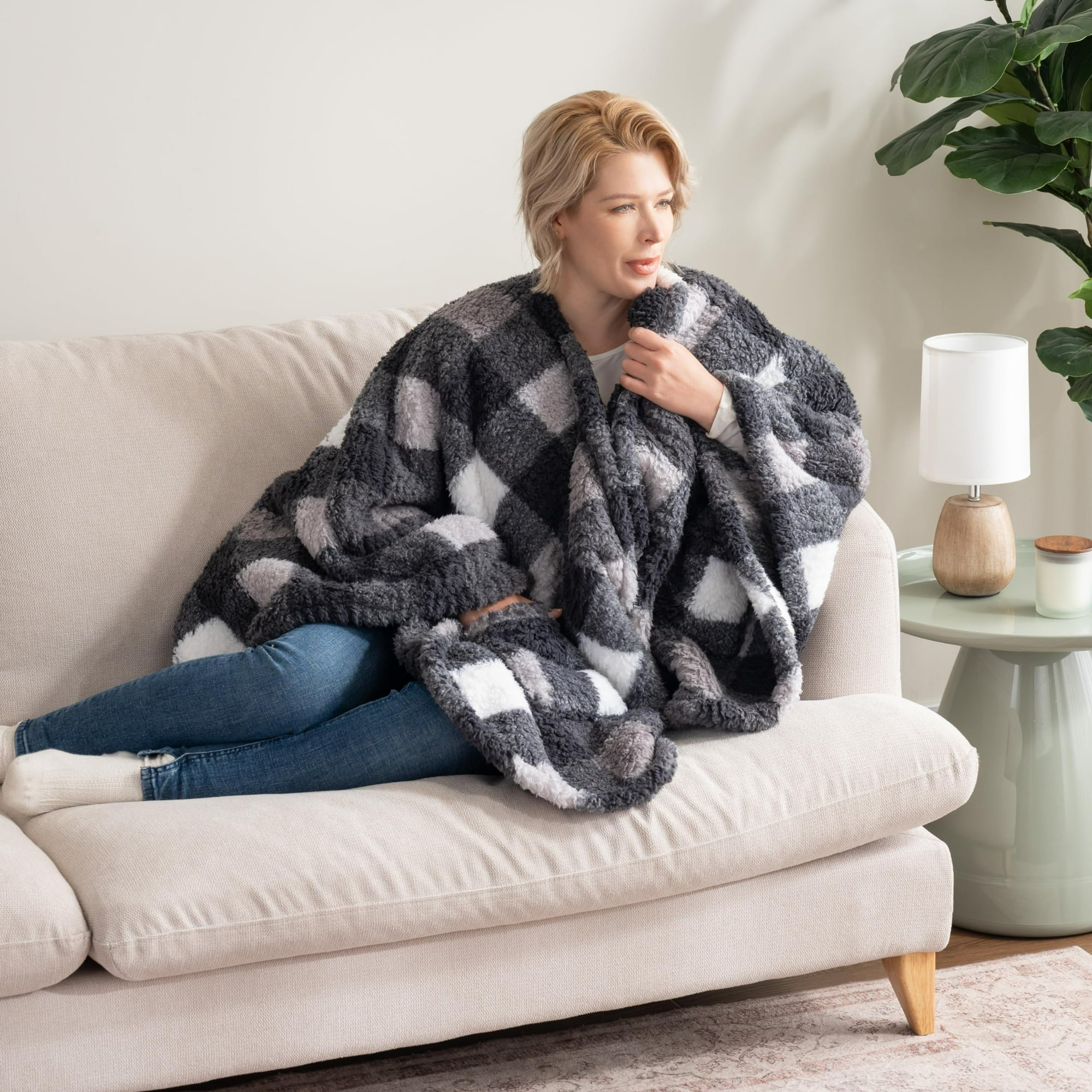 Berkshire Blanket Double Sided Sherpa Wearable Blanket Warm Cozy Shawl with Pockets Plush Cape Wrap Gifts for Women Mom Girlfriend Double Buffalo Plaid 58 X64 Walmart