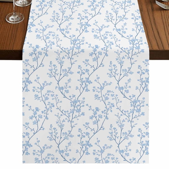 Blue Spring Floral Table Runner 120 Inches Long,Summer Botanical Watercolor Cotton Linen Table Runners Dresser Scarves,Decorative Fabric Tabletop Scarf Furniture Cover for Home Dinner Party 13"x120"