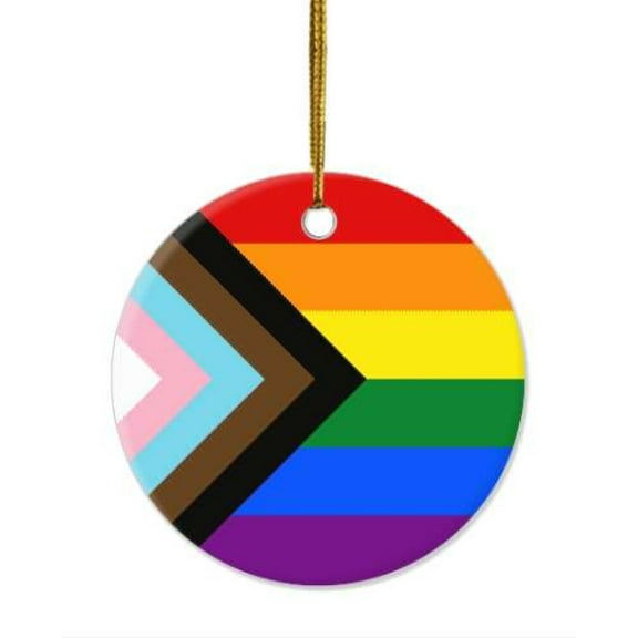 1 Pack - LGBTQ Progress Pride Flag Ceramic Christmas Ornament and Home Decor - 2.85 Inch Round