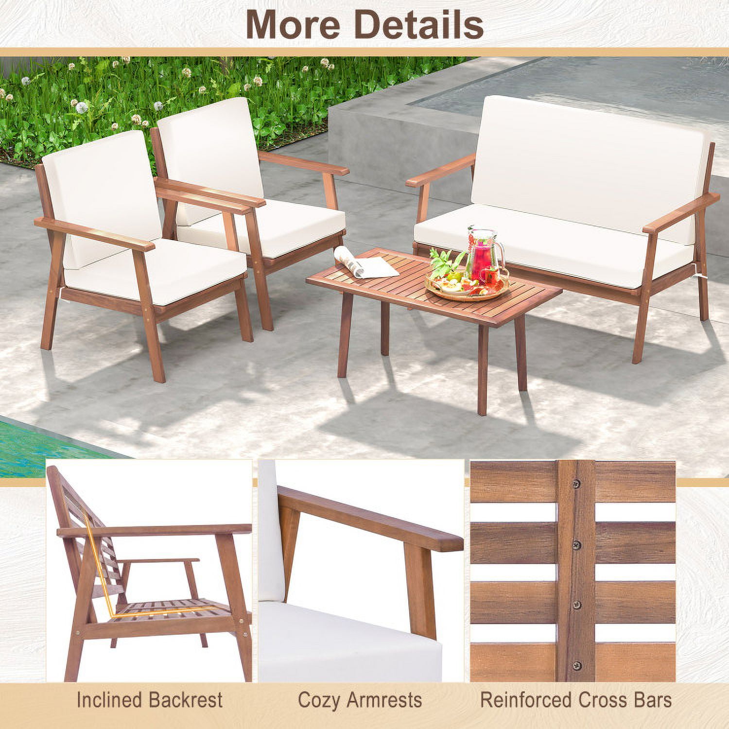 Aimee Lii 4 Piece Outdoor Acacia Wood Conversation Set, Outdoor Patio Set with Soft Seat and Back Cushions, White Aimee Lii 4 Piece Outdoor Acacia Wood Conversation Set, Outdoor Patio Set with Soft Seat and Back Cushions, White
