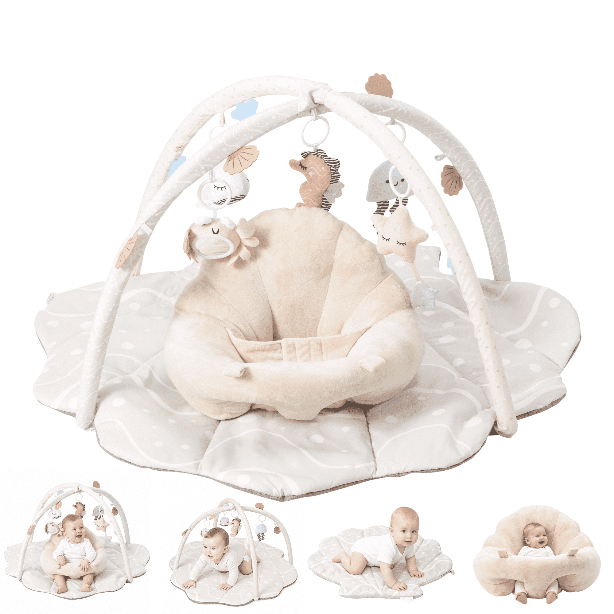 Baby Gym Playmat & Seat Tummy Time Mat with 6 Detachable Activity Toys for Babies 6-12 Months,Beige