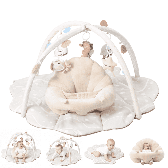 Baby Gym Playmat & Seat Tummy Time Mat with 6 Detachable Activity Toys for Babies 6-12 Months,Beige