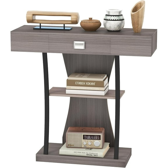 LINJH Console Table with Storage Drawer & Shelves, 3-Tier Narrow Sofa Table, Behind Couch Table, Modern Foyer Table, Small Entryway Table for Living Room, Hallway (Grey)