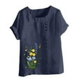thumbnail image 3 of Women Linen Button Down Shirt Rolled Cuffed Short Sleeve Blouse Ladies Summer Casual Crew Neck Beach Cotton Tops, 3 of 4