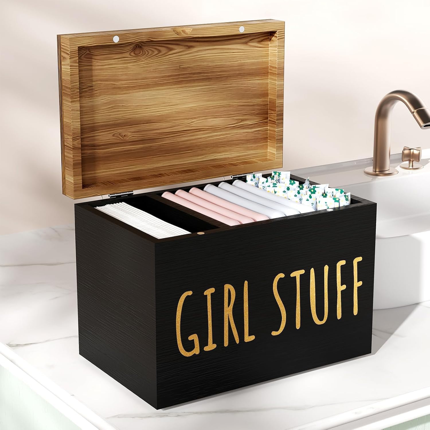 SENYUM Upgrade Wooden Tampon Holder Hinged Lid Organizer | Shark Week Period Box Pad Holder for Bathroom Tampon Storage Feminine Product Organizer Stylish Girl Stuff Box