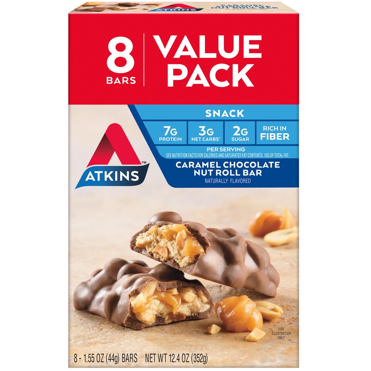 (3 pack) Atkins Snack Bar, Caramel Chocolate Nut Roll, 7g of Protein, Keto Friendly, 8 Count