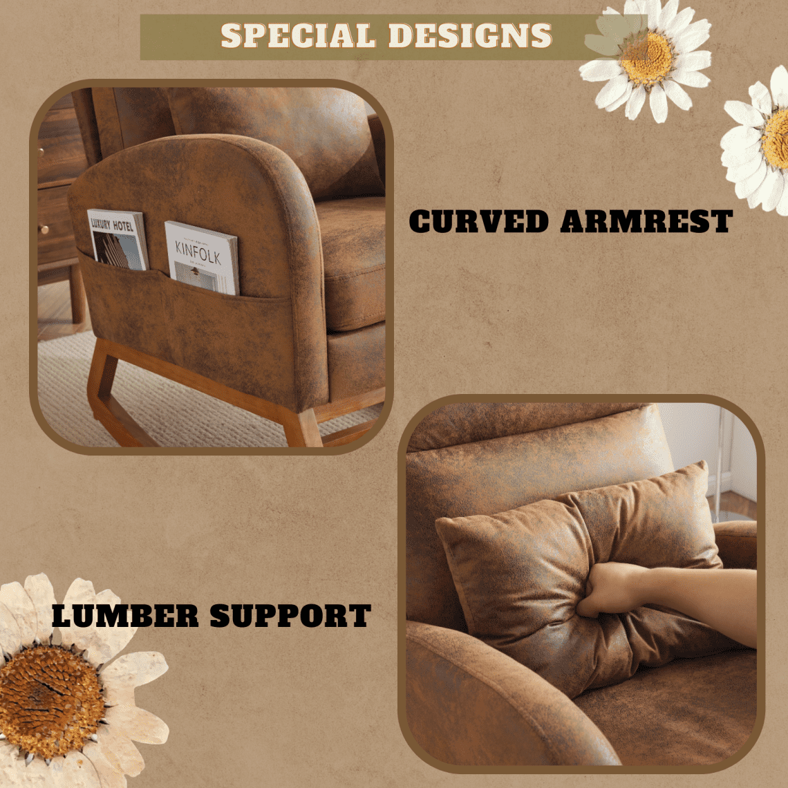 Rocking Chair Nursery with Thick Headrest, Upholstered Modern Nursing Rocker Glider with Curved Armrest, Sturdy Solid Wood Base for Living Room, Bedroom, Baby Room, Burnt Orange