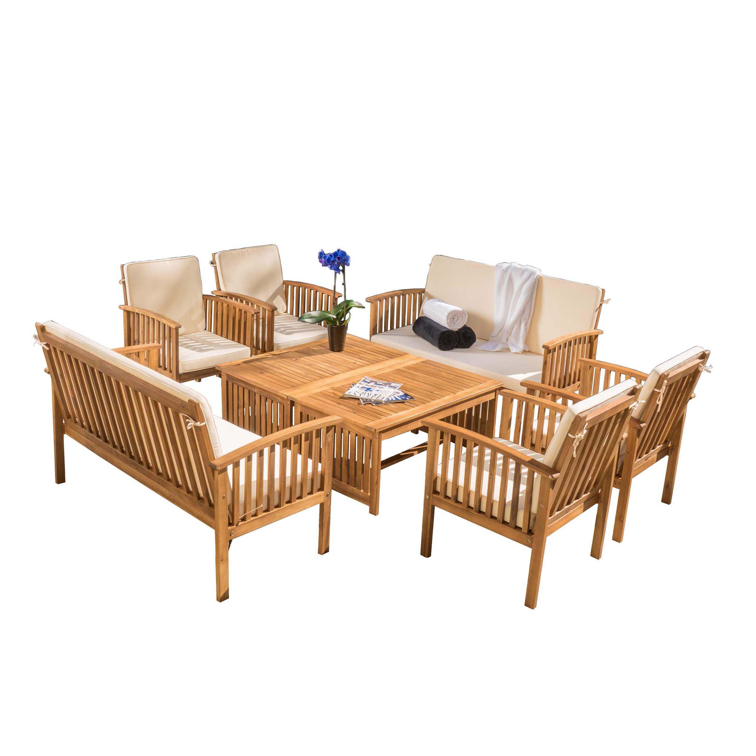 Tucson Outdoor Acacia Wood 8 Seater Sectional Sofa Chat Set with Cushions - image 3 of 8