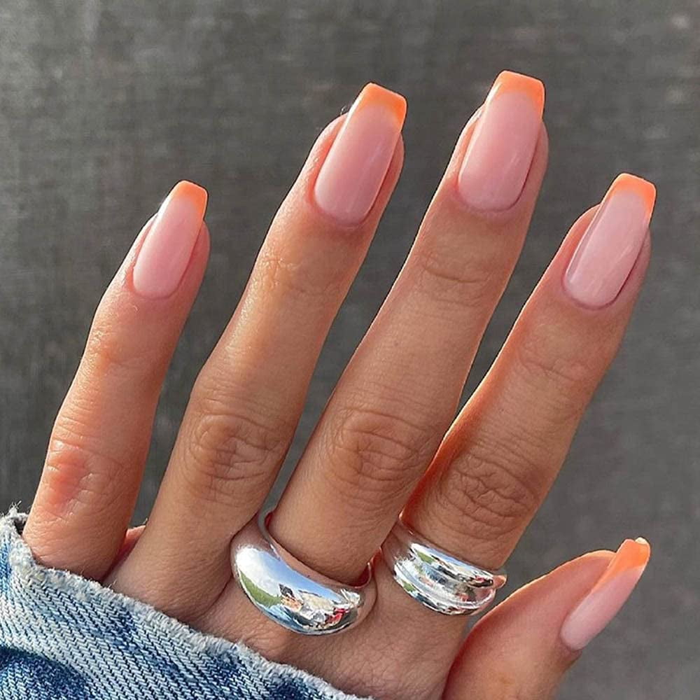 Eayy Press On Nails Short French Fake Nails Glossy Square Fake Nails Pink Acrylic False Nails Art Tips Sets 24pcs French Orange Walmart Canada