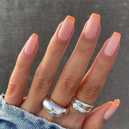 Kscd Press On Nails Short French Fake Nails Glossy Square Fake Nails Pink Acrylic False Nails Art Tips Sets 24pcs French Orange Walmart Canada