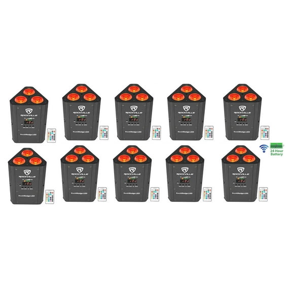 (10) Rockville RockWedge LED RGBWA UV Rechargeable Wireless DMX DJ Par Up-Lights
