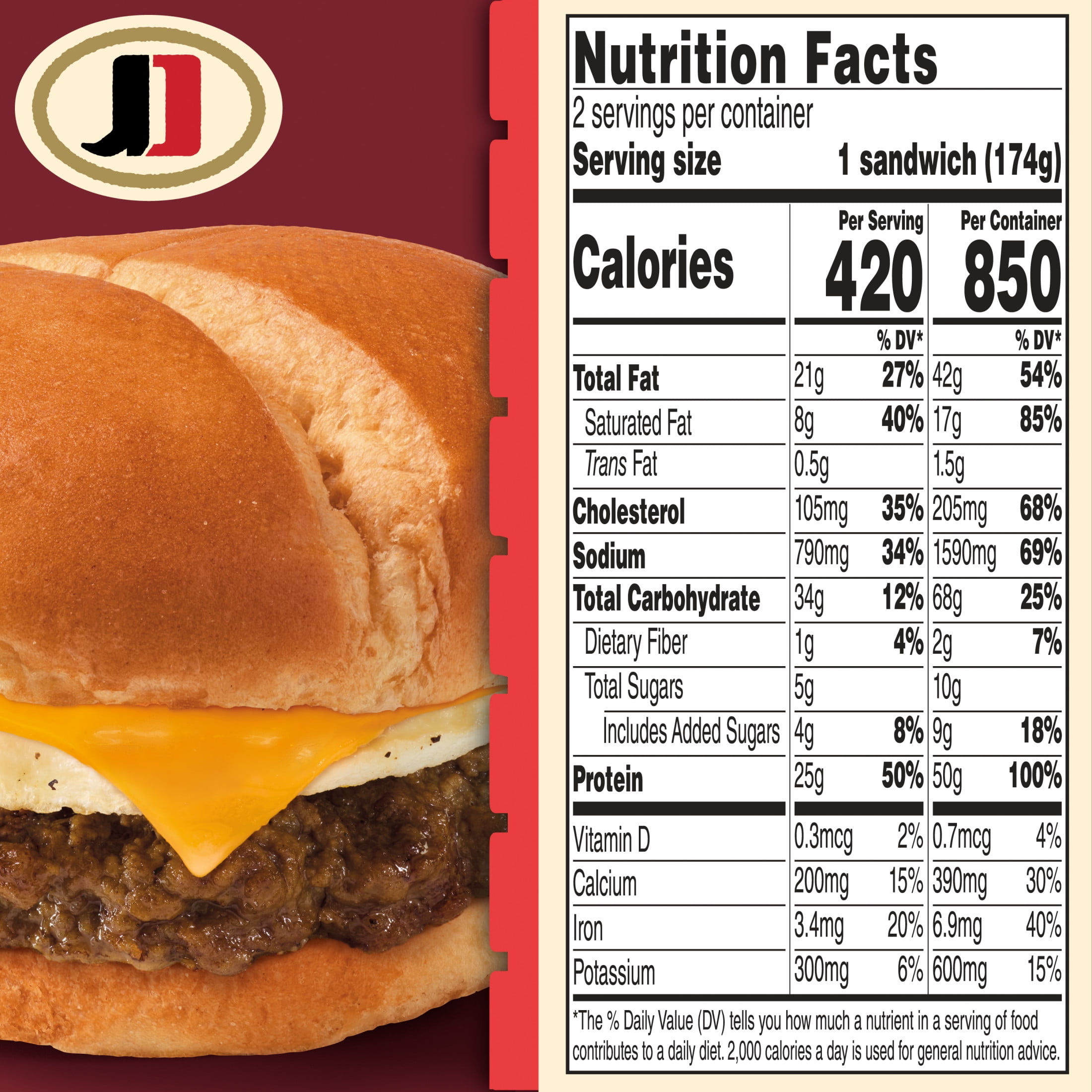 Jimmy Dean Protein Breakfast, Burger, Egg, Cheese Brioche, Fully Cooked Frozen Sandwiches, 2 Count