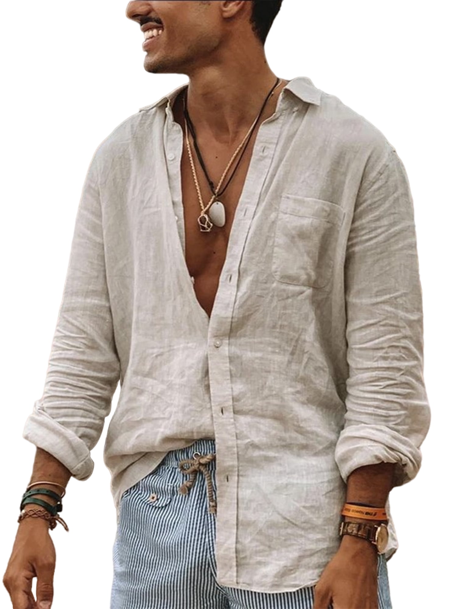 Generic Mens Linen Cotton Button Down Tees Summer Shirts Long Sleeve Beach Shirts