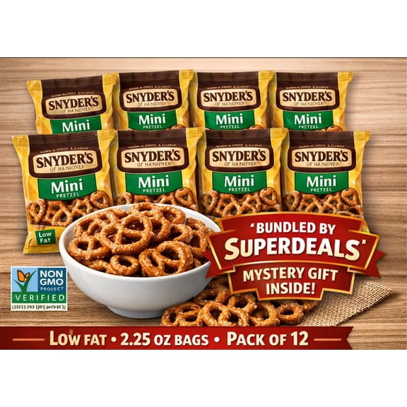 Snyder's of Hanover Mini Pretzels Snack Packs, Low Fat Non-GMO Pretzel Snacks, 2.25 oz Individual Bags (Pack of 12) – School Lunch, Office & Travel Snacks – Bundled by SUPERDEALS 🎁 Mystery Gift