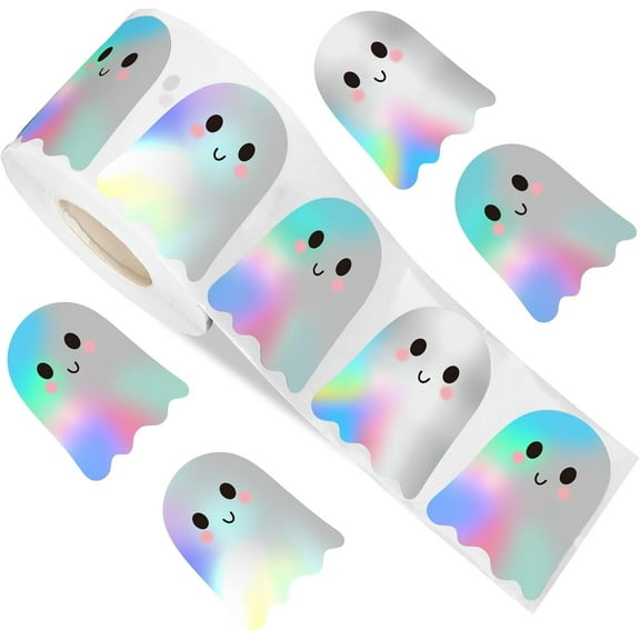 500Pcs Halloween Ghost Stickers Roll - Cute Boo Holographic Waterproof Decals for Journals, Party Decor & DIY Crafts (Self-Adhesive Laser-Cut)