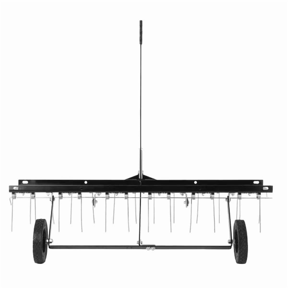 48-inch Tow Behind Dethatcher with 24 Spring Steel Tines, Tow Behind Lawn Rake with Lift Handle for ATV Mower Garden Farm