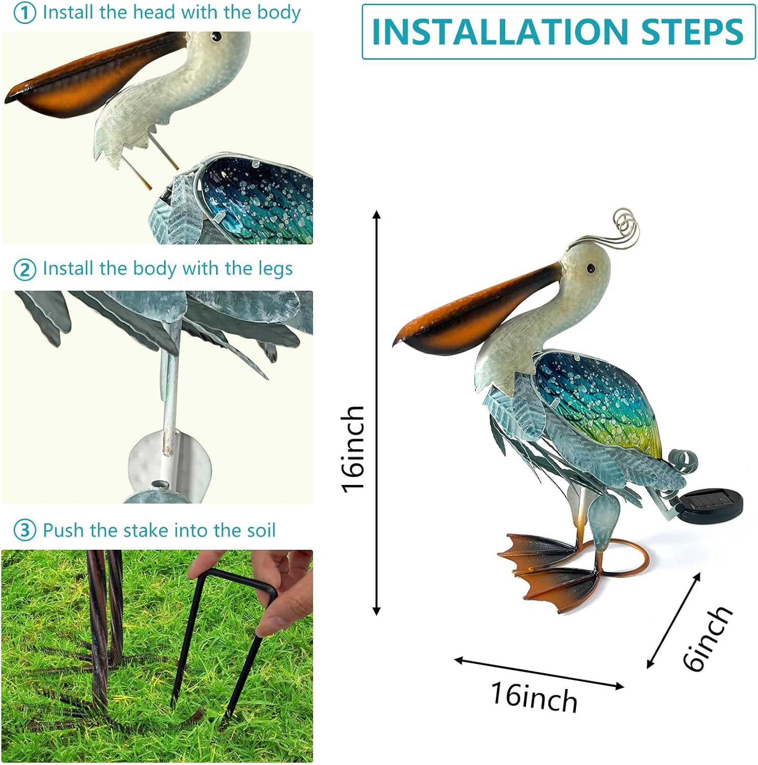 Solar Metal Pelican Statues Garden Sculpture & Statues, 17 Inch Glass Outdoor Pelican Yard Art Coastal Ocean Bird Decor Lawn Ornament for Backyard Porch Patio Decor（Blue-Green）