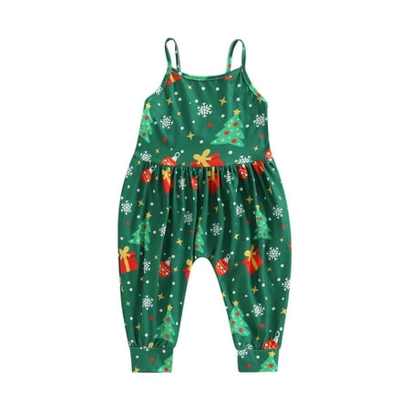 

wybzd Toddler Baby Girl Christmas Jumpsuit Outfits Kids Snowflake Elk Santa Sleeveless Strap Romper Long Pants Clothes 3-4 Years