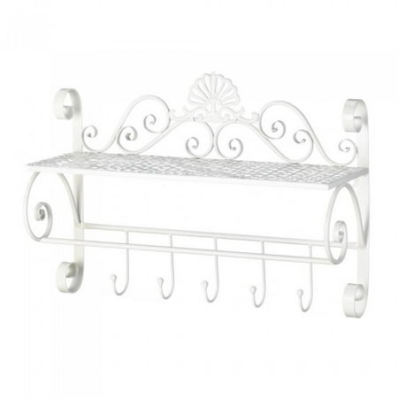 White Flourish - WHITE FLOURISH WALL SHELF WITH HOOKS